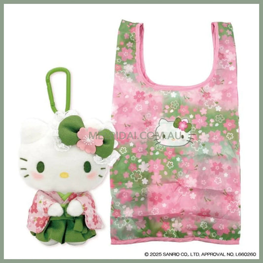 SANRIO | Hello Kitty Foldable Eco-bag Shopping Bag 480x270x160mm Keychain Bag Charm 145x100x75mm(Matcha Kimono)