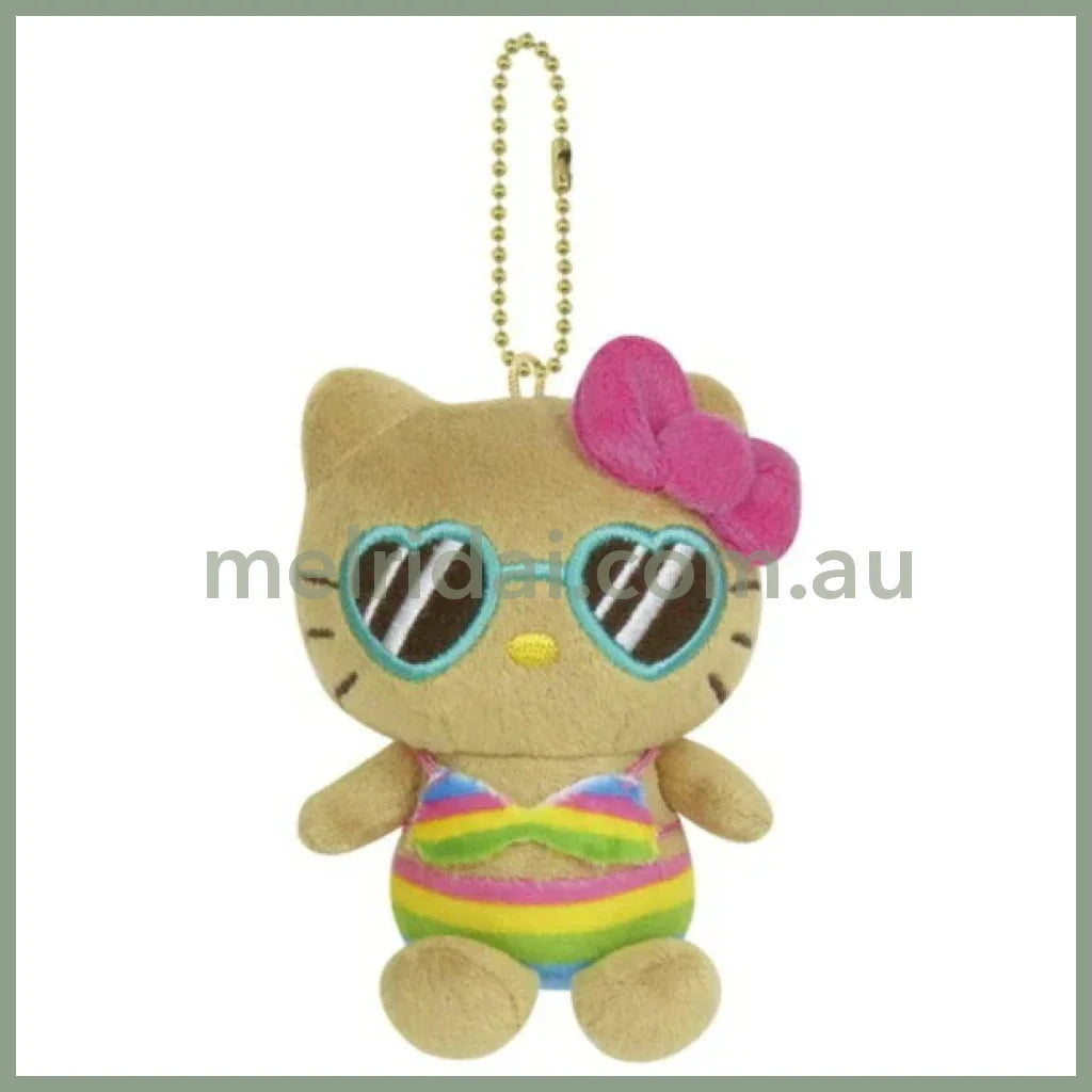 SANRIO | Hello Kitty Mascot Holder Plush Keychain Bag Charm H72×W100×D54mm (Tan Swimsuit Party Sunglasses)