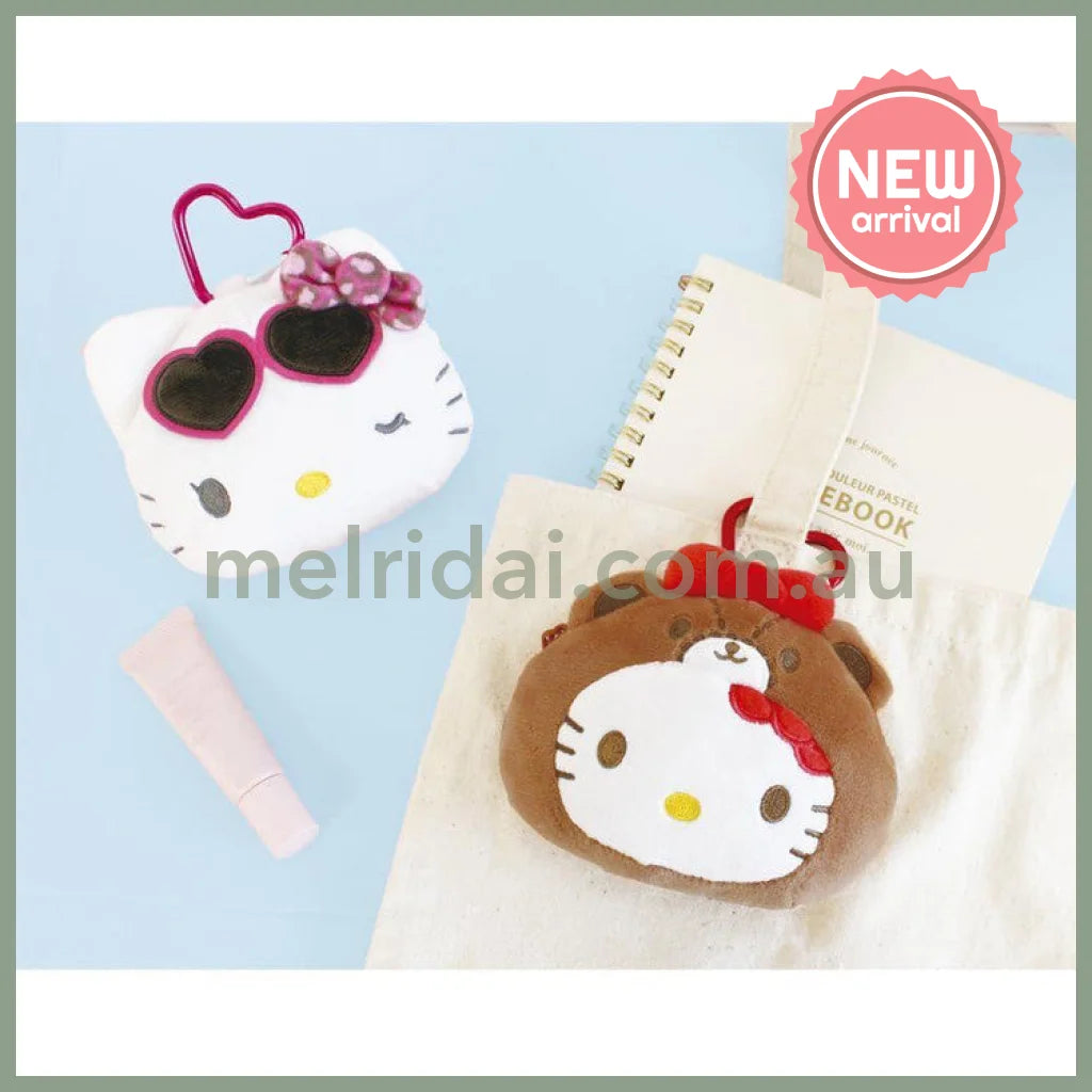 SANRIO | Hello Kitty Mini Plush Pouch with Carabiner Keychain H100×W115×D50mm (Leopard PrintHeart Sunglasses Wink)