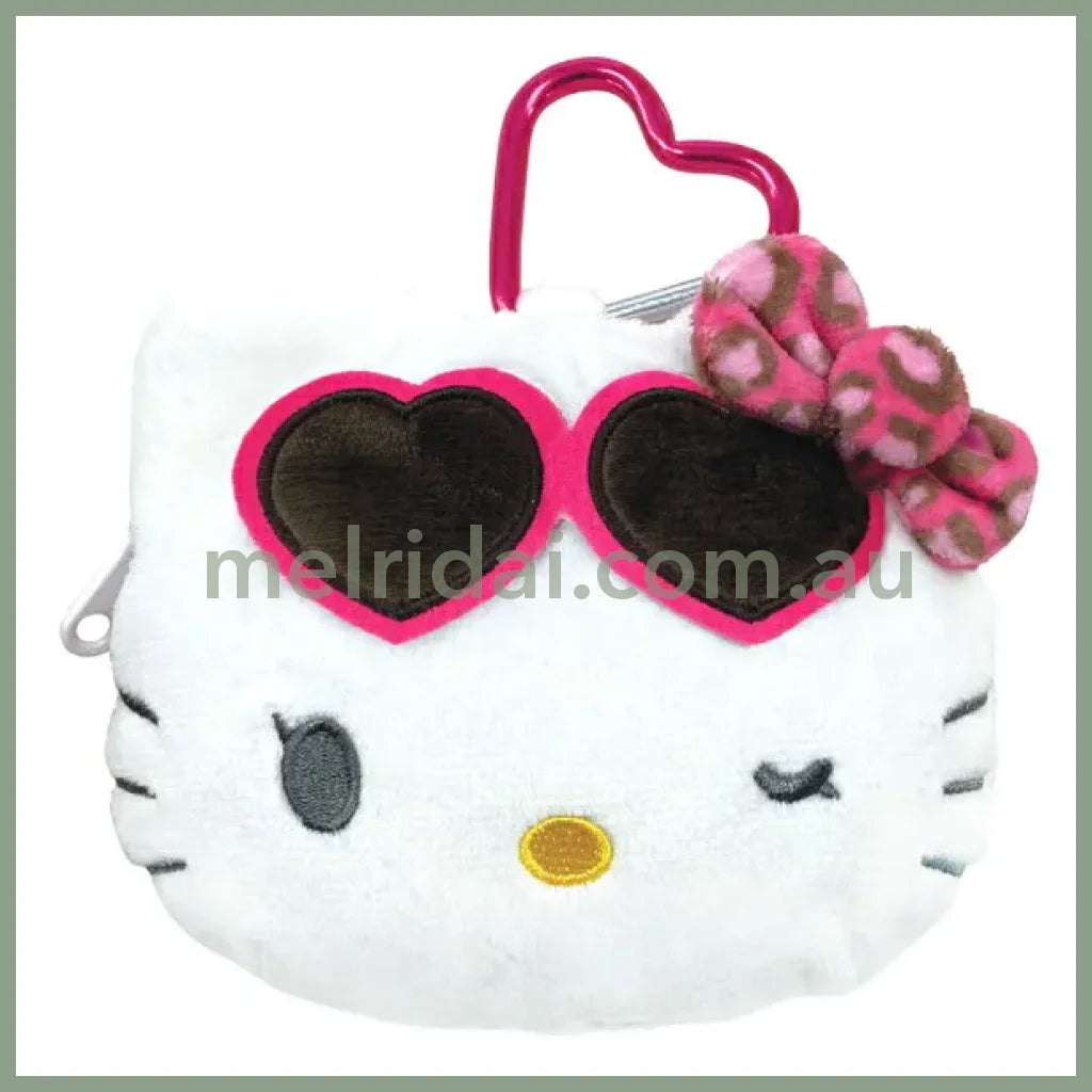 SANRIO | Hello Kitty Mini Plush Pouch with Carabiner Keychain H100×W115×D50mm (Leopard PrintHeart Sunglasses Wink)