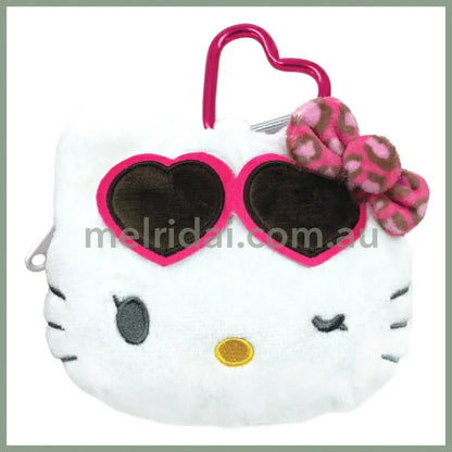 SANRIO | Hello Kitty Mini Plush Pouch with Carabiner Keychain H100×W115×D50mm (Leopard PrintHeart Sunglasses Wink)