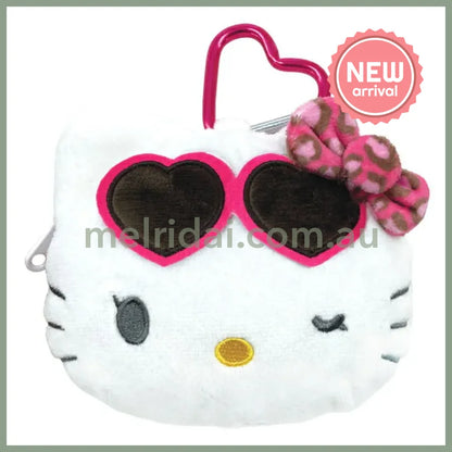 SANRIO | Hello Kitty Mini Plush Pouch with Carabiner Keychain H100×W115×D50mm (Leopard PrintHeart Sunglasses Wink)