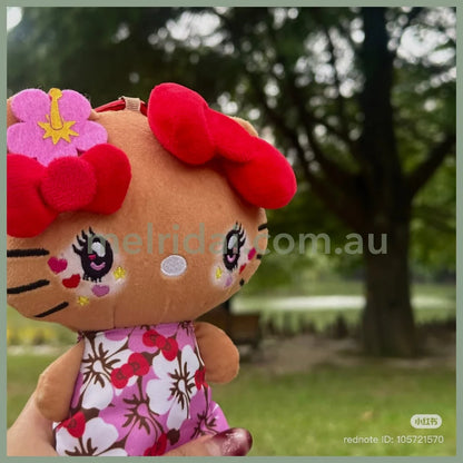 SANRIO | Hello Kitty Tanned Mini Plush Pouch with Carabiner 90×150mm (Retro Heisei Kogal Hibiscus)