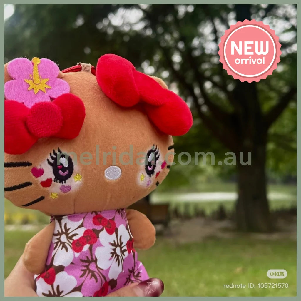 SANRIO | Hello Kitty Tanned Mini Plush Pouch with Carabiner 90×150mm (Retro Heisei Kogal Hibiscus)