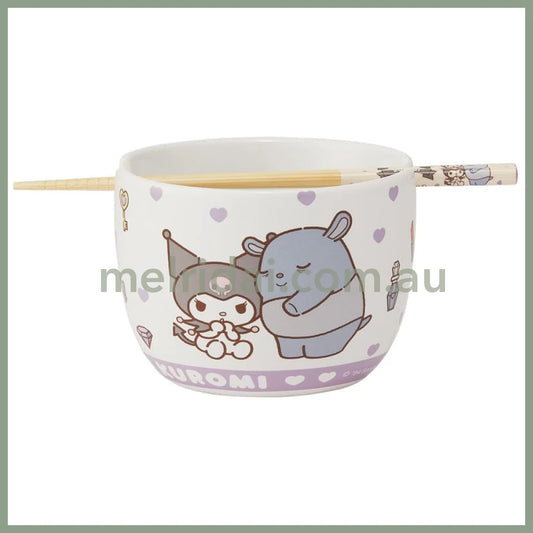 SANRIO | Kuromi Ceramic Bowl 600ml and Bamboo chopsticks Set 21cm (Bowl - Dishwasher Safe)