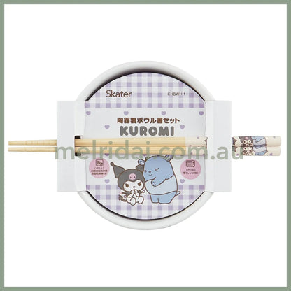 SANRIO | Kuromi Ceramic Bowl 600ml and Bamboo chopsticks Set 21cm (Bowl - Dishwasher Safe)