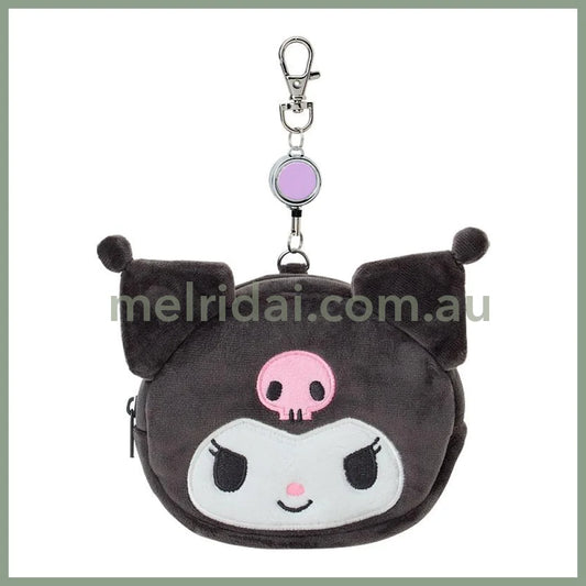 SANRIO | Kuromi Face-shaped Pass Case & Pouch Keychain With Reel 140×50×120mm