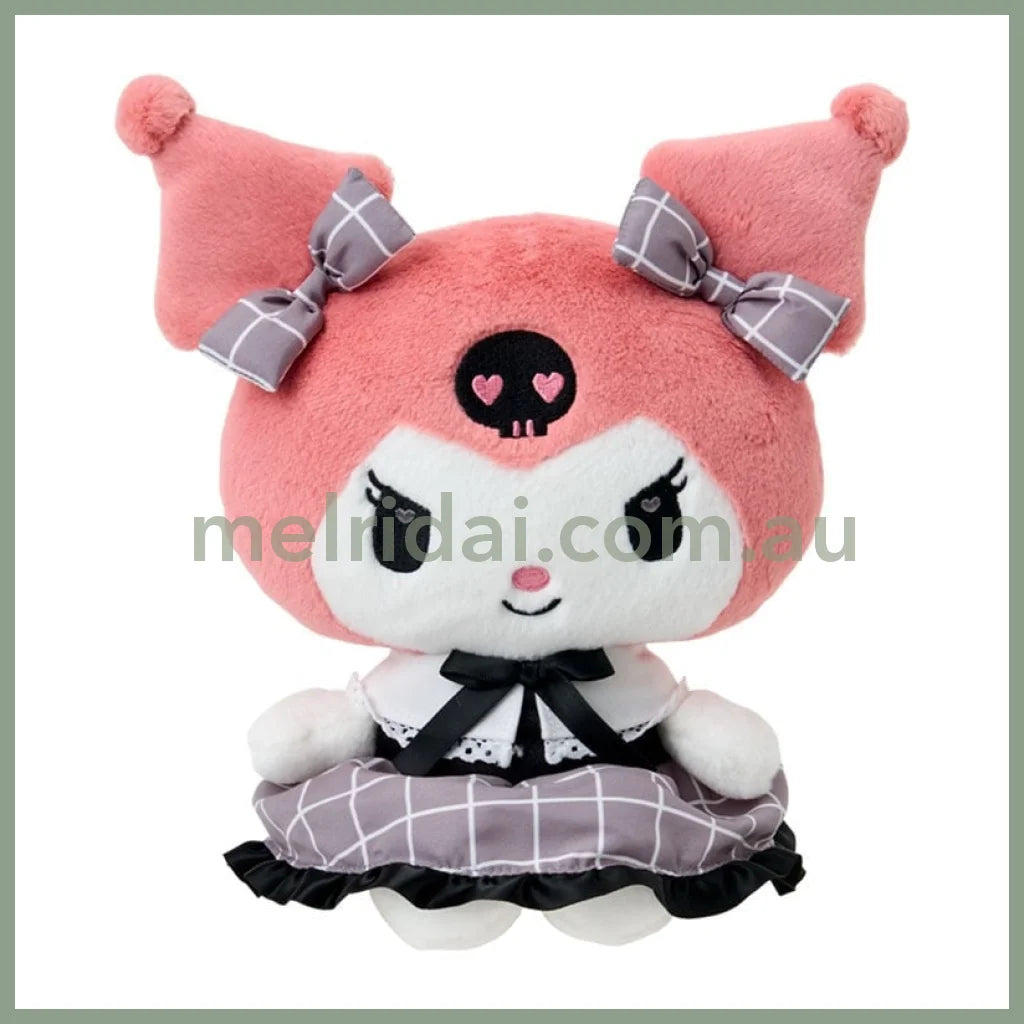 SANRIO | Kuromi Plush Toy Plush Doll S 230×190×160mm (Gray Pink Grid Dress)