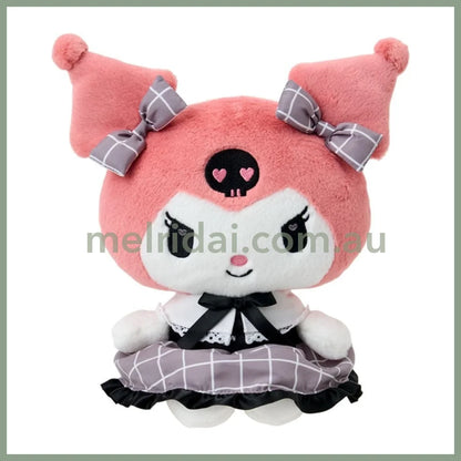 SANRIO | Kuromi Plush Toy Plush Doll S 230×190×160mm (Gray Pink Grid Dress)