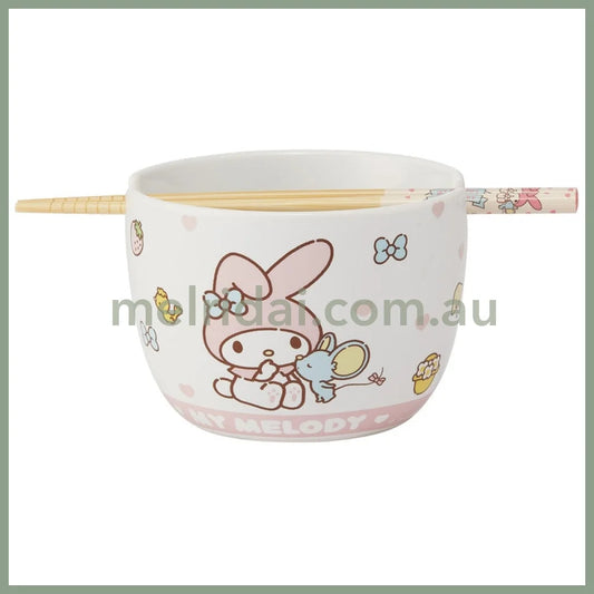 SANRIO | My Melody Ceramic Bowl 600ml and Bamboo chopsticks Set 21cm (Bowl - Dishwasher Safe)