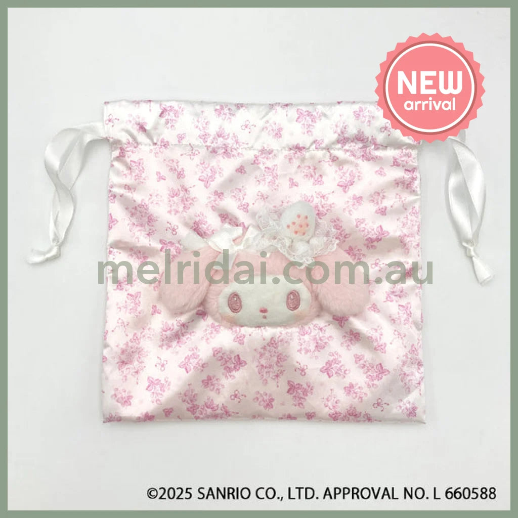 SANRIO | My Melody Face Drawstring Bag Pouch 180×182×23mm (White Strawberry Tea Time)
