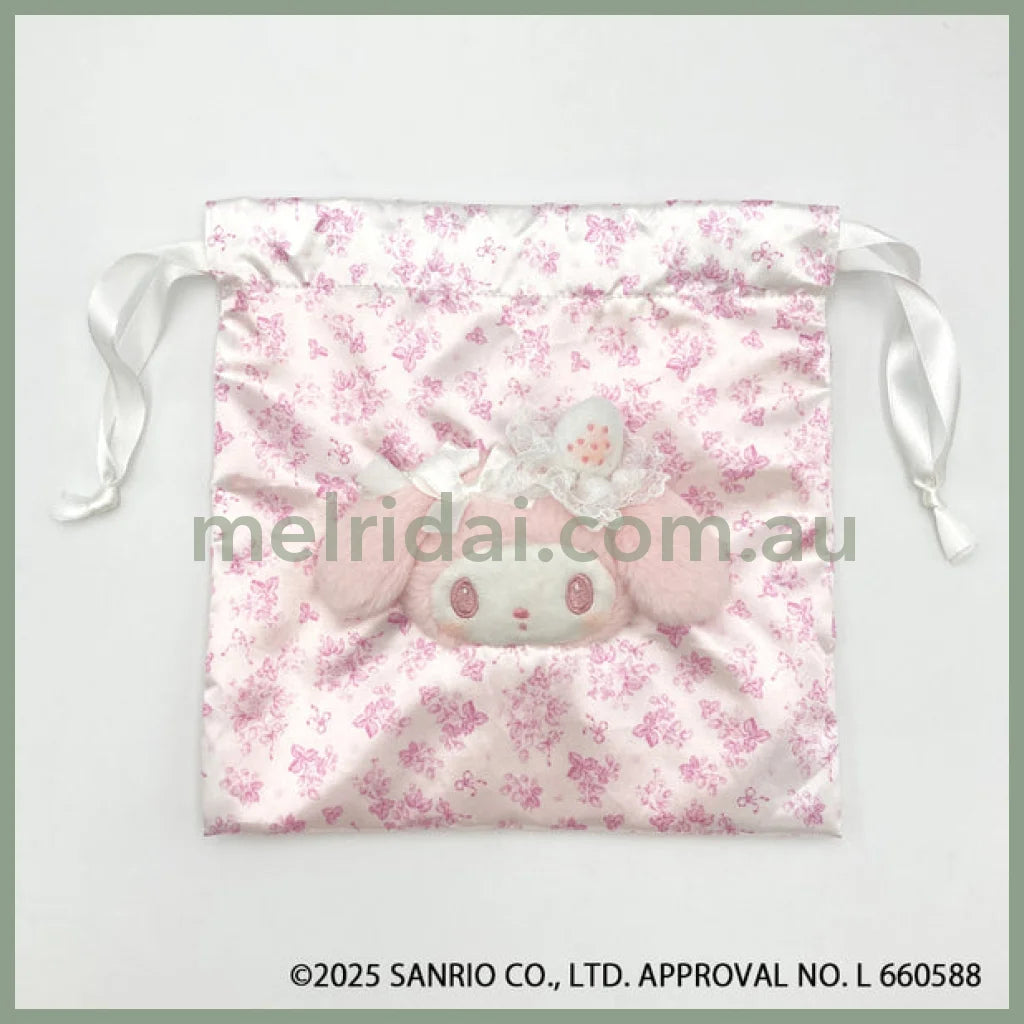 SANRIO | My Melody Face Drawstring Bag Pouch 180×182×23mm (White Strawberry Tea Time)