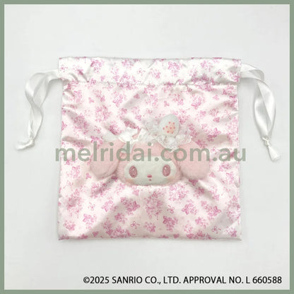 SANRIO | My Melody Face Drawstring Bag Pouch 180×182×23mm (White Strawberry Tea Time)