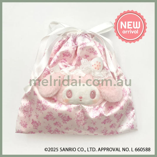 SANRIO | My Melody Face Drawstring Bag Pouch 180×182×23mm (White Strawberry Tea Time)