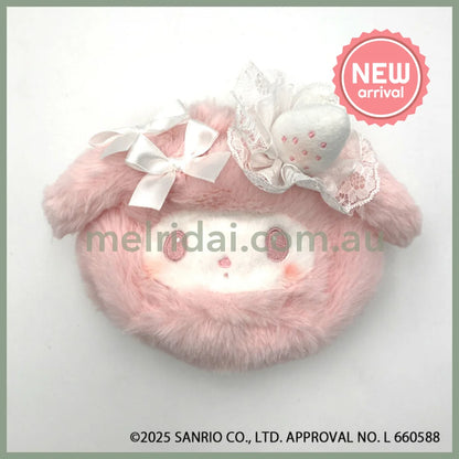 SANRIO | My Melody Round Fluffy Drawstring Bag Pouch 135×195×85mm (White Strawberry Tea Time)