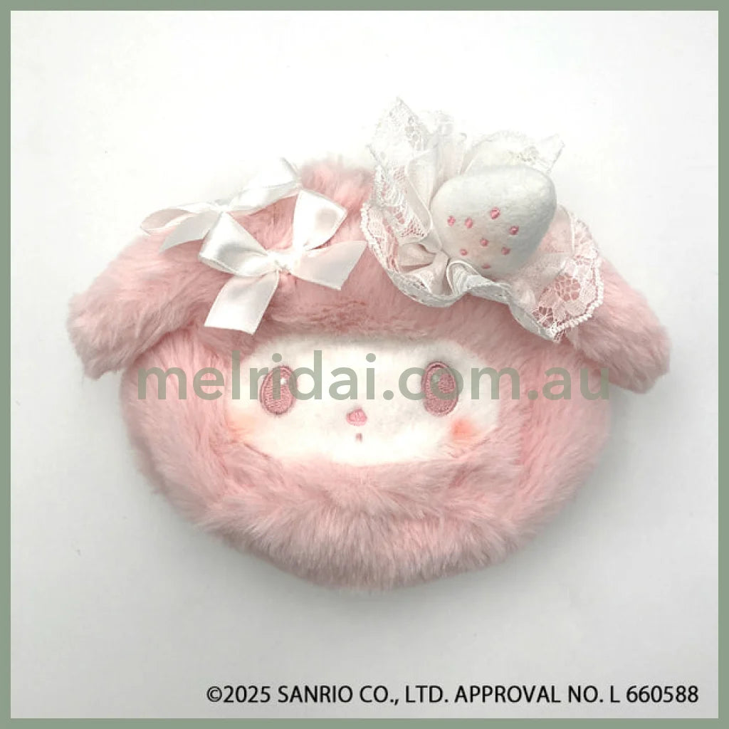 SANRIO | My Melody Round Fluffy Drawstring Bag Pouch 135×195×85mm (White Strawberry Tea Time)
