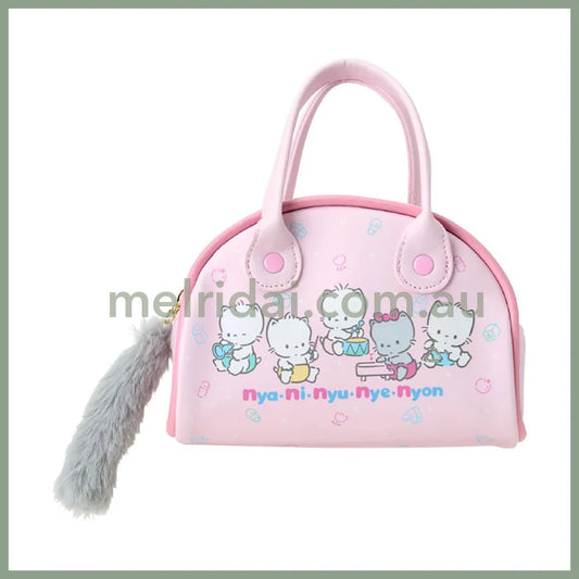 SANRIO | Nyani Nyunyenyon Mini Boston Pouch Mini Bag with Fluffy Tail Charm 17.3 x 16.1 x 7.9cm (Cat Club)
