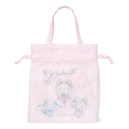 SANRIO | Drawstring Bag with Handle Cinnamoroll & Hello Kitty & My Melody 21 x 0.5 x 24cm (White Cat Ballerina)