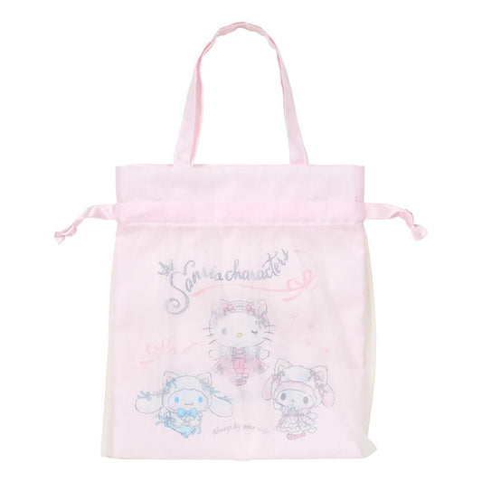 SANRIO | Drawstring Bag with Handle Cinnamoroll & Hello Kitty & My Melody 21 x 0.5 x 24cm (White Cat Ballerina)