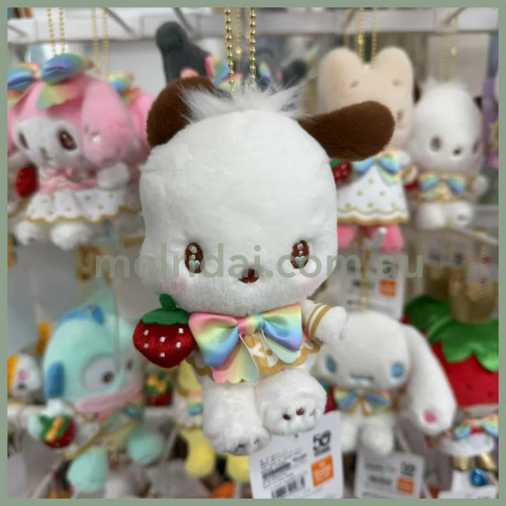 SANRIO | Pochacco Mascot Holder Plush Keychain Bag Charm 11×15.5×7.5cm (50th Anniversary Strawberry/Ichigo Newspaper)