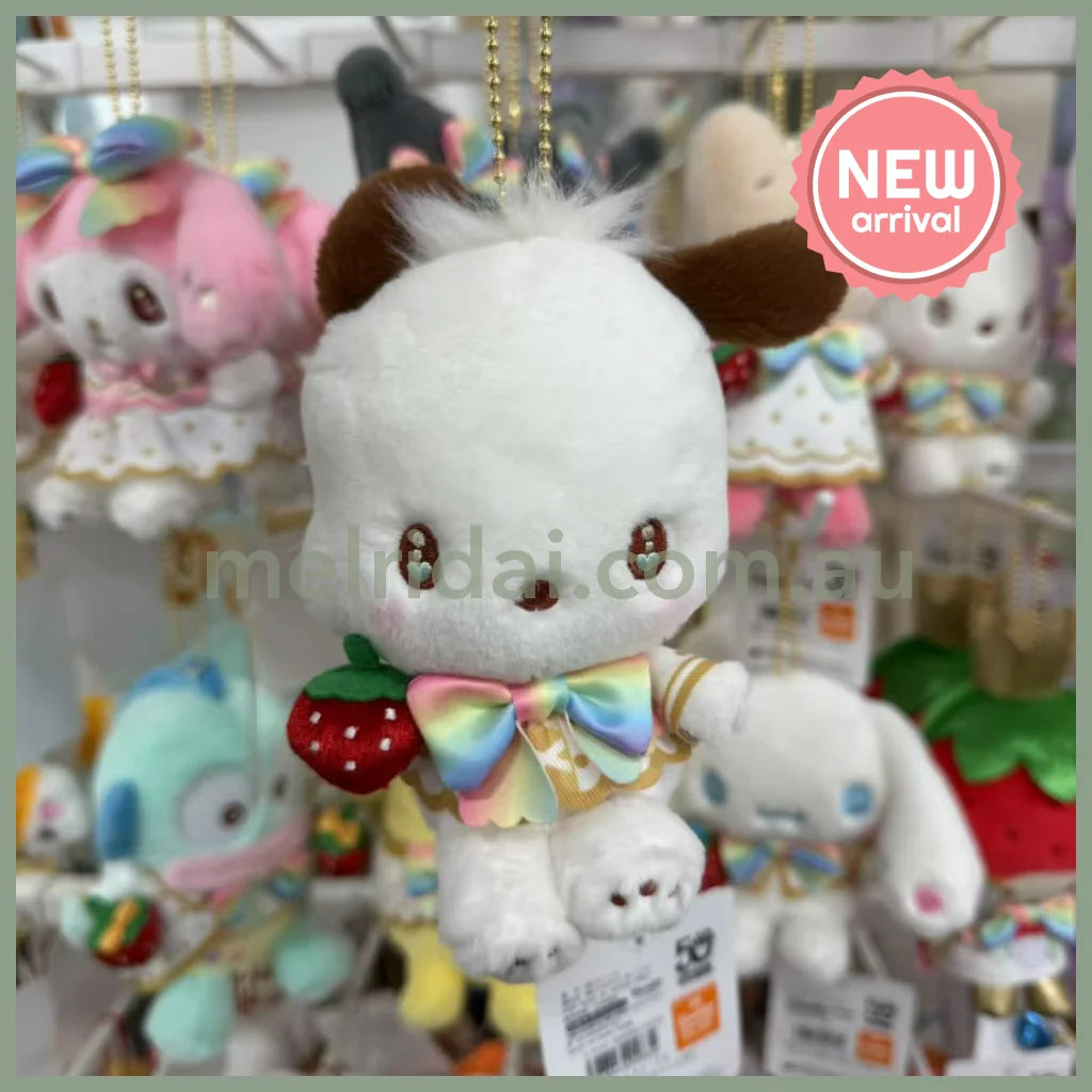 SANRIO | Pochacco Mascot Holder Plush Keychain Bag Charm 11×15.5×7.5cm (50th Anniversary Strawberry/Ichigo Newspaper)