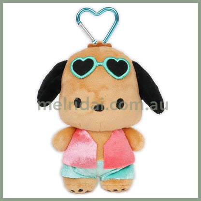 SANRIO | Pochacco Mini Plush Pouch with Carabiner Keychain Bag Charm 150mm Approx. (Tan Swimsuit Party)