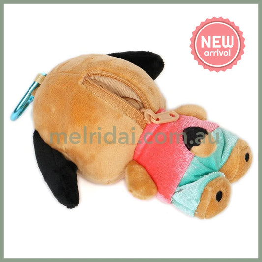 SANRIO | Pochacco Mini Plush Pouch with Carabiner Keychain Bag Charm 150mm Approx. (Tan Swimsuit Party)