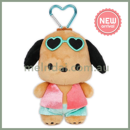 SANRIO | Pochacco Mini Plush Pouch with Carabiner Keychain Bag Charm 150mm Approx. (Tan Swimsuit Party)
