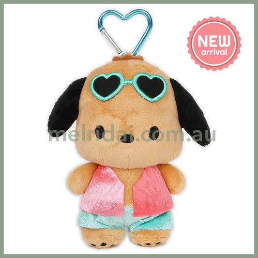 SANRIO | Pochacco Mini Plush Pouch with Carabiner Keychain Bag Charm 150mm Approx. (Tan Swimsuit Party)