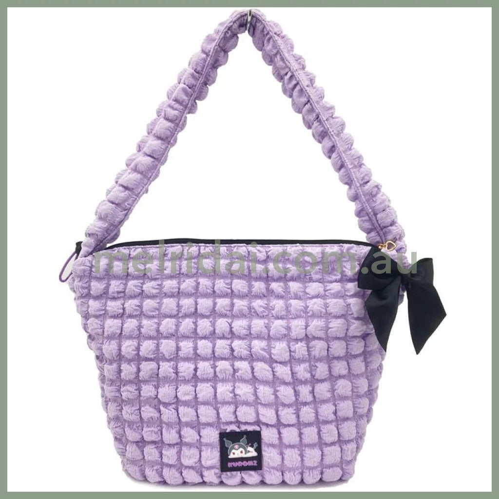 Sanrio | Quilted Crossbody W43×H30×D10Cm (Kuromi) 日本三丽鸥 大号拉链云朵包/单肩包/肩带可微调节/内衬印花（库洛米）