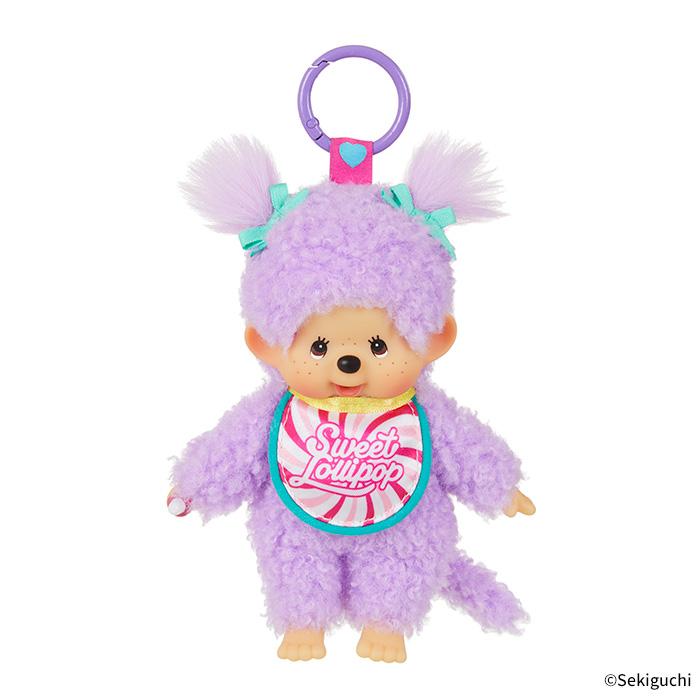 Monchhichi | Girl Mascot Holder Plush Keychain Bag Charm H16×W8.5×D5.5cm (Sweet Lollipop - Purple)