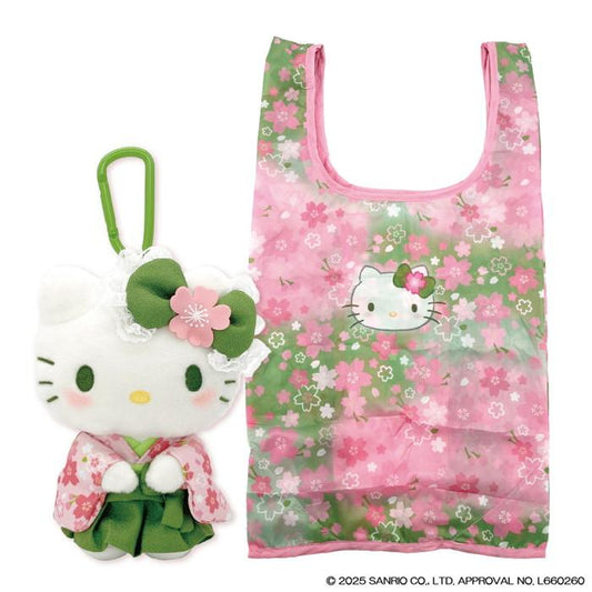 SANRIO | Hello Kitty Foldable Eco-bag Shopping Bag 480x270x160mm Keychain Bag Charm 145x100x75mm(Matcha Kimono)