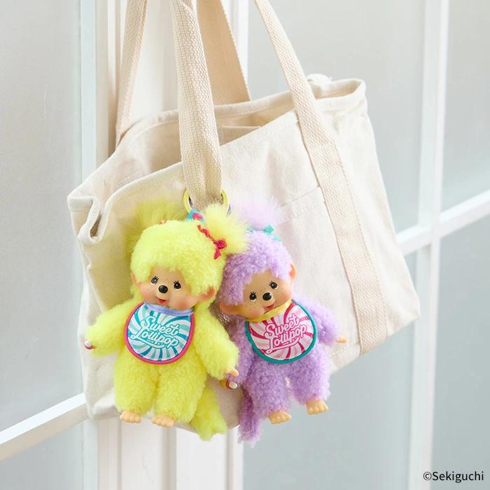 Monchhichi | Girl Mascot Holder Plush Keychain Bag Charm H16×W8.5×D5.5cm (Sweet Lollipop - Purple)