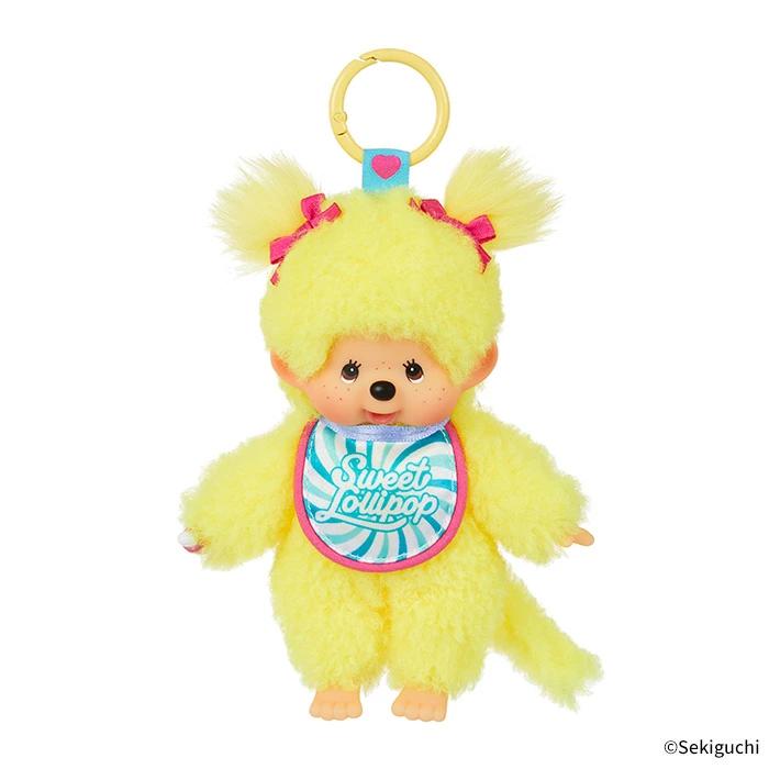 Monchhichi | Girl Mascot Holder Plush Keychain Bag Charm H16×W8.5×D5.5cm (Sweet Lollipop - Yellow)